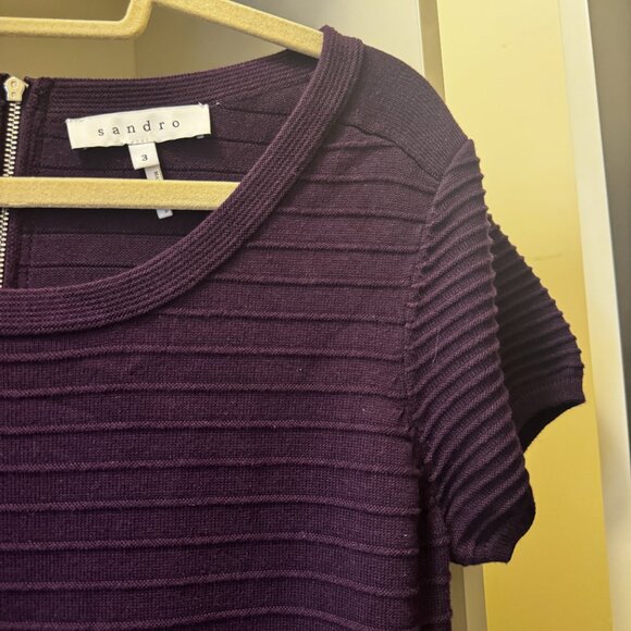 Sandro Knitted Rib Fit & Flare Mini Dress Purple Flare Size 3 - Picture 7 of 16
